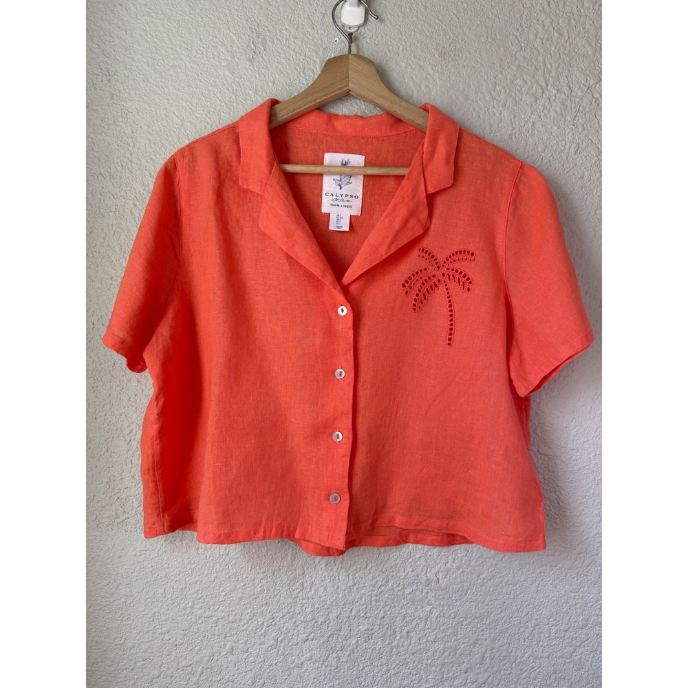 Calypso St Barth Coral Linen Palm Tree Eyelet Button Down Cropped Shirt Large